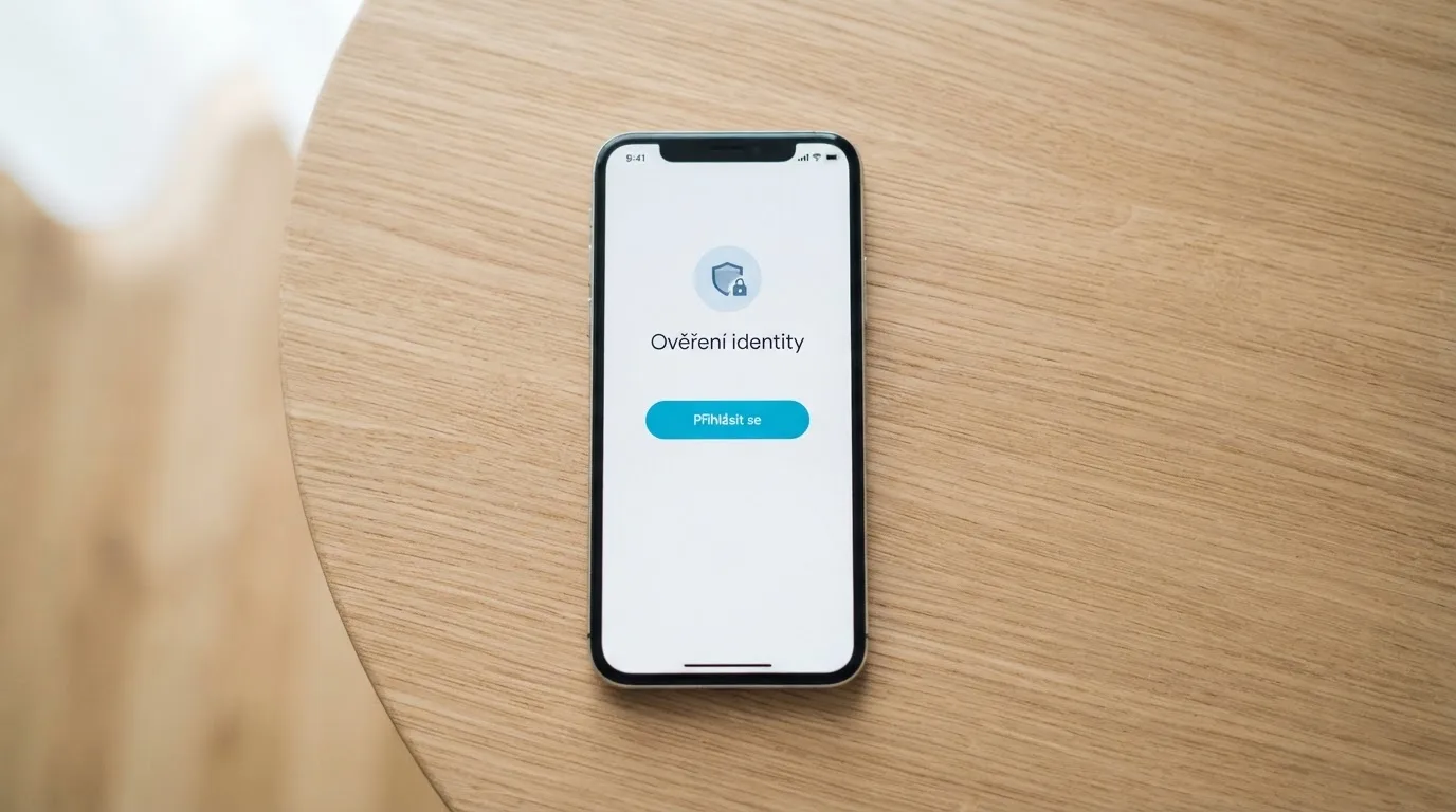 Mobilní telefon zobrazující přihlašovací stránku bankovní identity BankID s logy českých bank