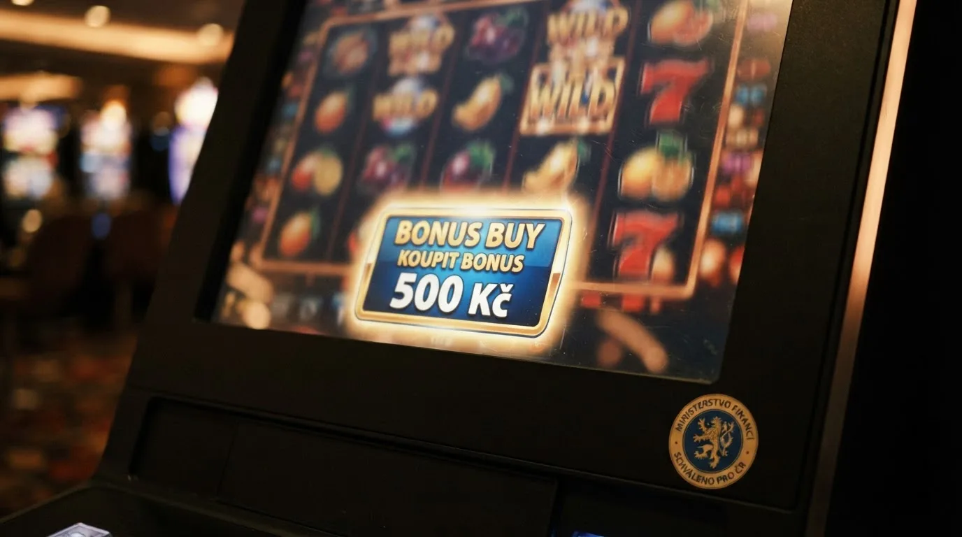 Tlačítko bonus buy na automatu s cenovkou do 500 Kč, vedle logo české licence