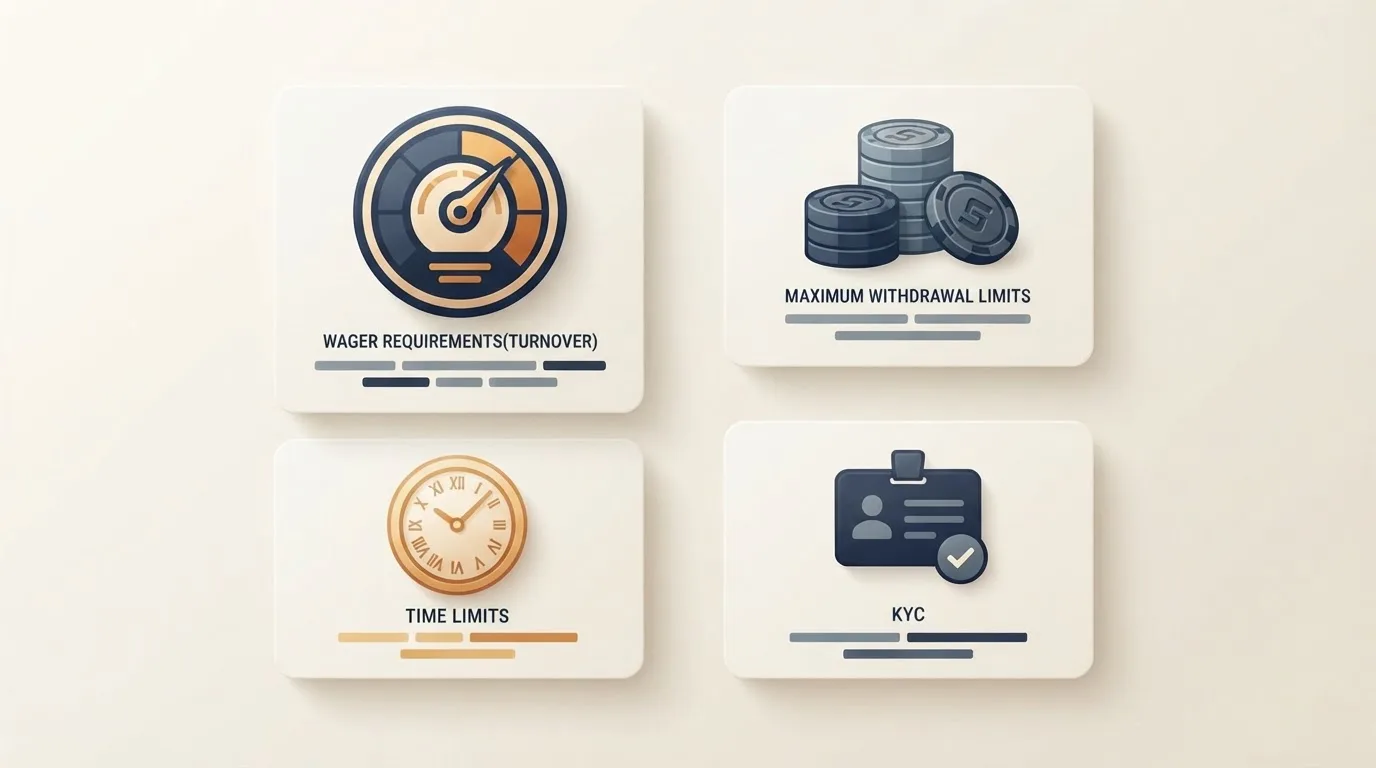 Infografika klíčových podmínek bonusu — wager, maximální výběr, časový limit a KYC