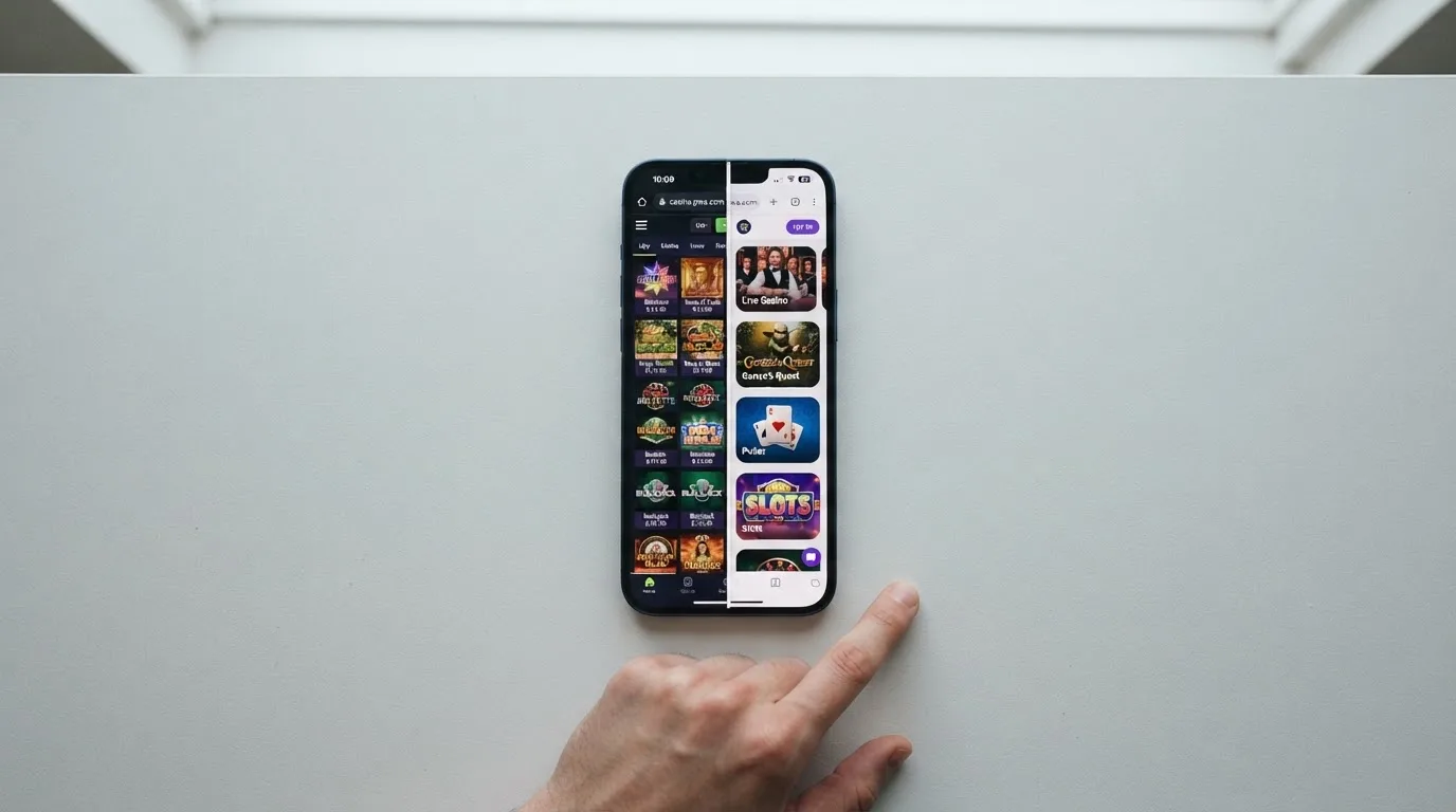 Displej telefonu rozdělený na dvě poloviny — vlevo casino aplikace, vpravo mobilní webová verze PWA
