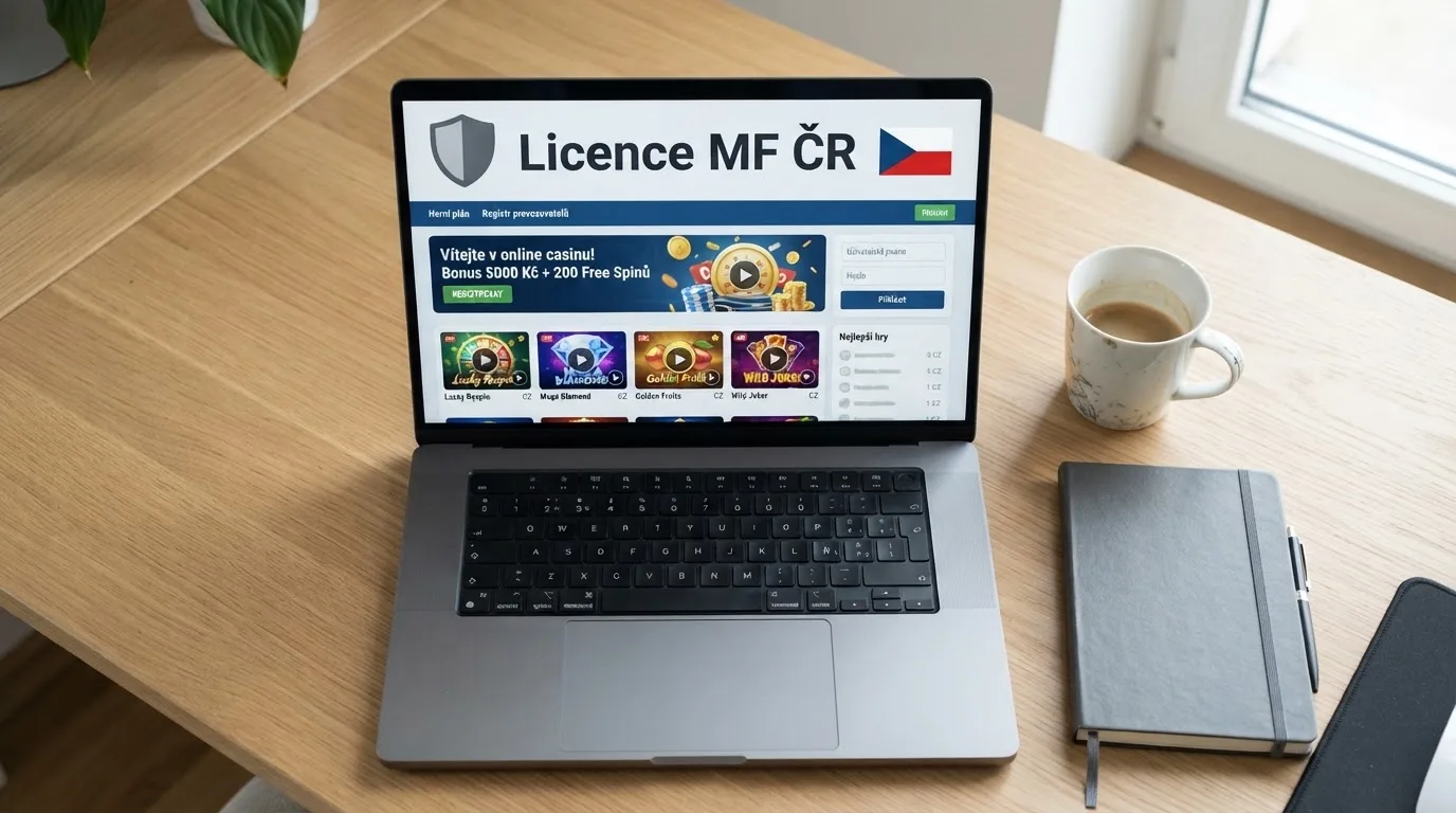 Logo nebo vstupní stránka českého online casina s viditelným odkazem na základní povolení MF ČR a herní plán