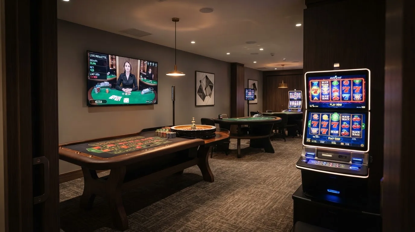 Koláž výherních automatů, rulety a live dealer studia z USDT kasin
