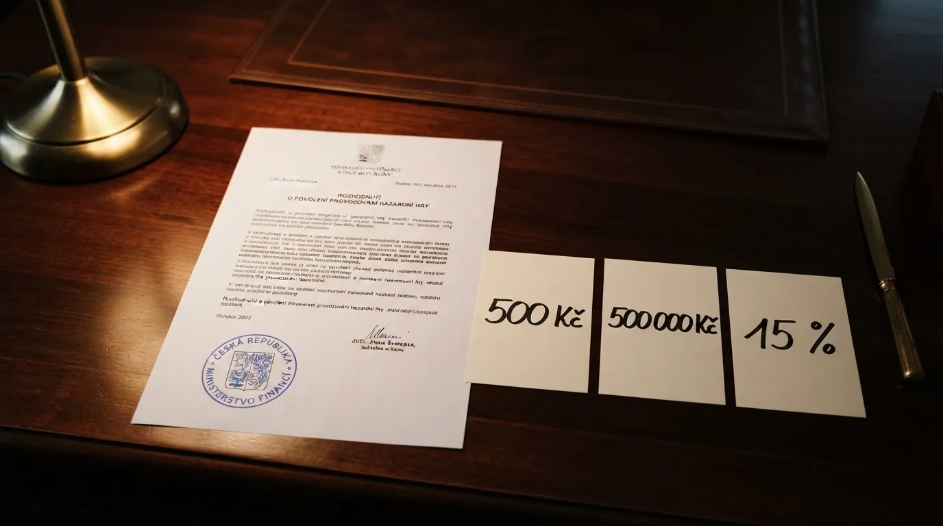 Dokument s razítkem MF ČR, vedle tři čísla: 500 Kč, 500 000 Kč, 15 % — symbolizující limity a daň