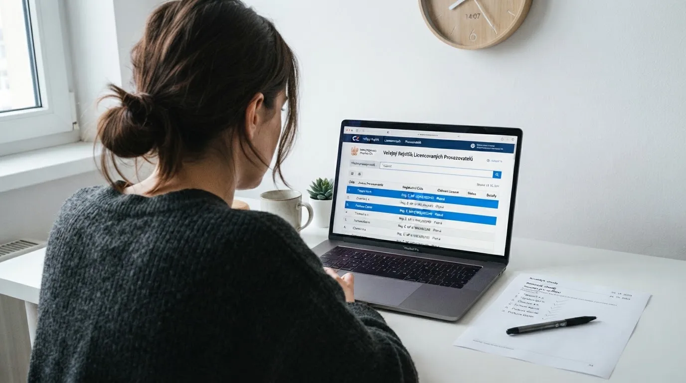 Úřední výřez ze Seznamu provozovatelů hazardních her Ministerstva financí ČR, zvýrazněné řádky s licencemi pro online technickou hru, v pozadí logo MF ČR.