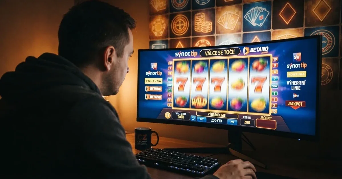 Hráč u obrazovky s roztočenými válci online automatu, na pozadí dlaždice českých licencovaných casin