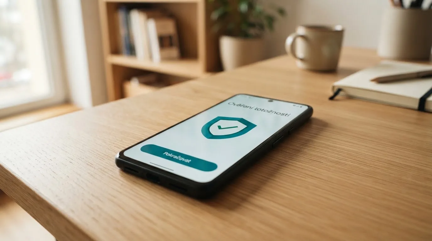 Displej mobilního telefonu s rozhraním Bank iD a textem o ověření totožnosti pro online casino