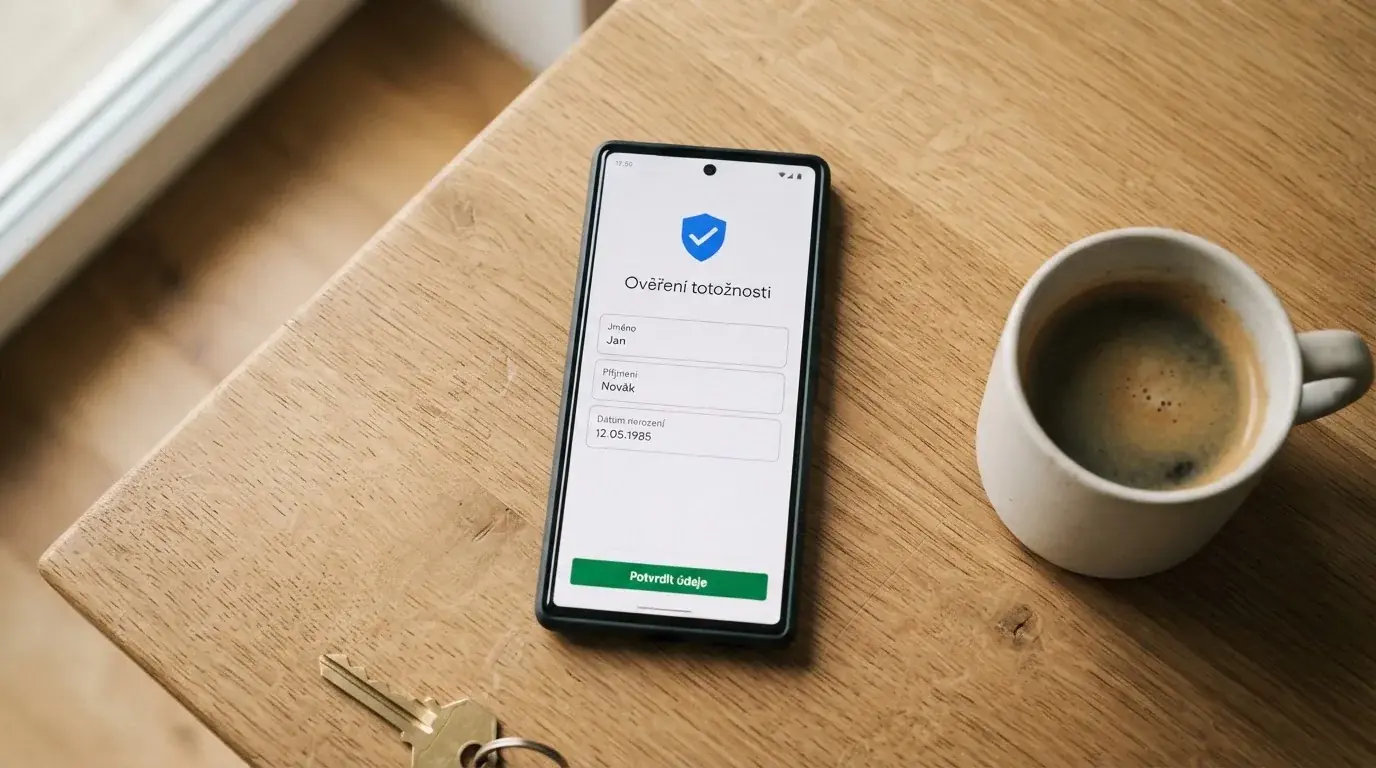 Mobilní telefon zobrazující proces ověření identity přes Bank iD s přehledem předávaných údajů