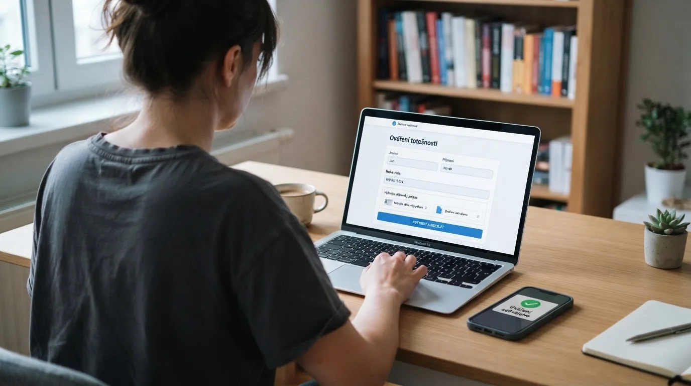 Obrazovka notebooku s rozhraním Bank iD a mobilem zobrazujícím potvrzovací notifikaci