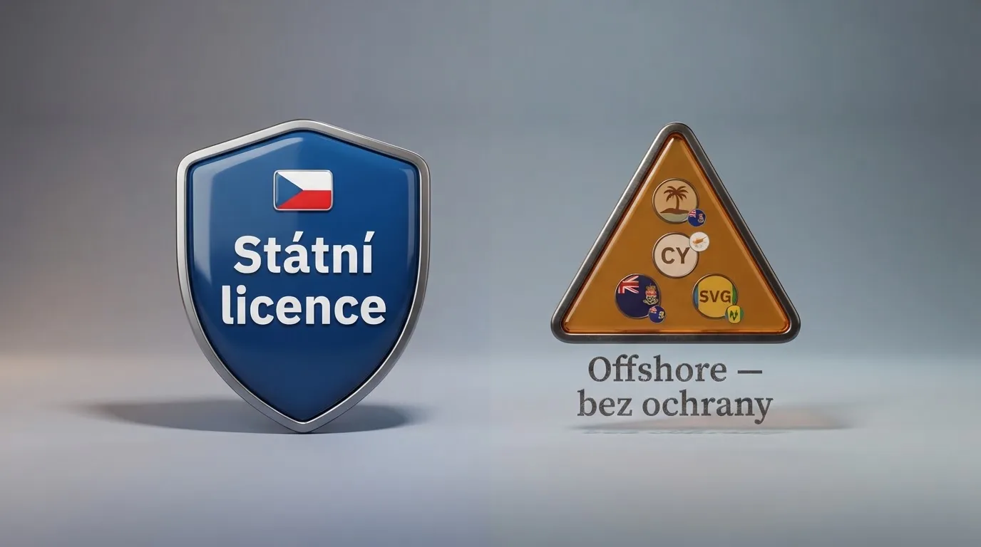 Infografika rozdělená na dvě poloviny: vlevo štít s nápisem MF ČR a českou vlajkou, vpravo varovný trojúhelník s logy MGA, Curaçao a Gibraltar