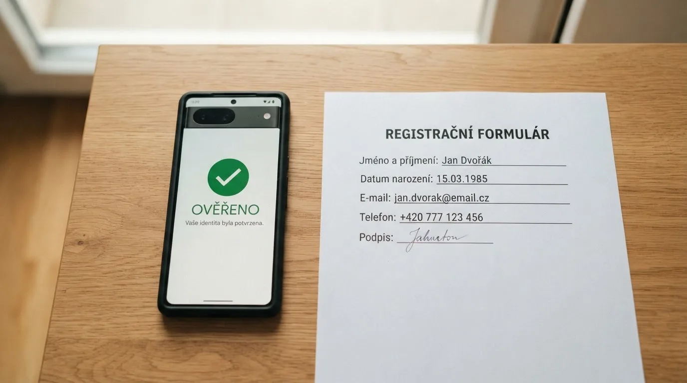 Displej mobilního telefonu s obrazovkou Bank iD vedle registračního formuláře českého online casina