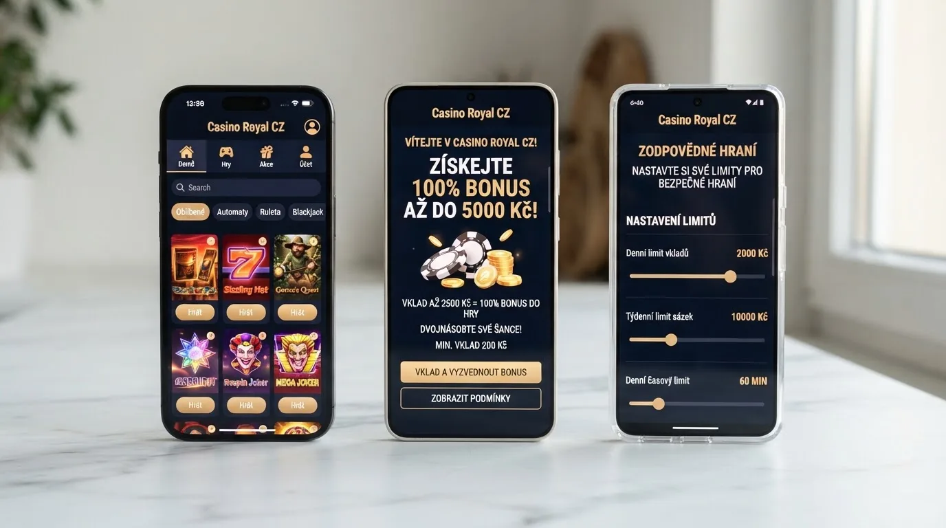 Koláž displejů tří různých casino aplikací vedle sebe — každá zobrazuje jinou sekci (lobby s automaty, uvítací bonus, nastavení limitů)