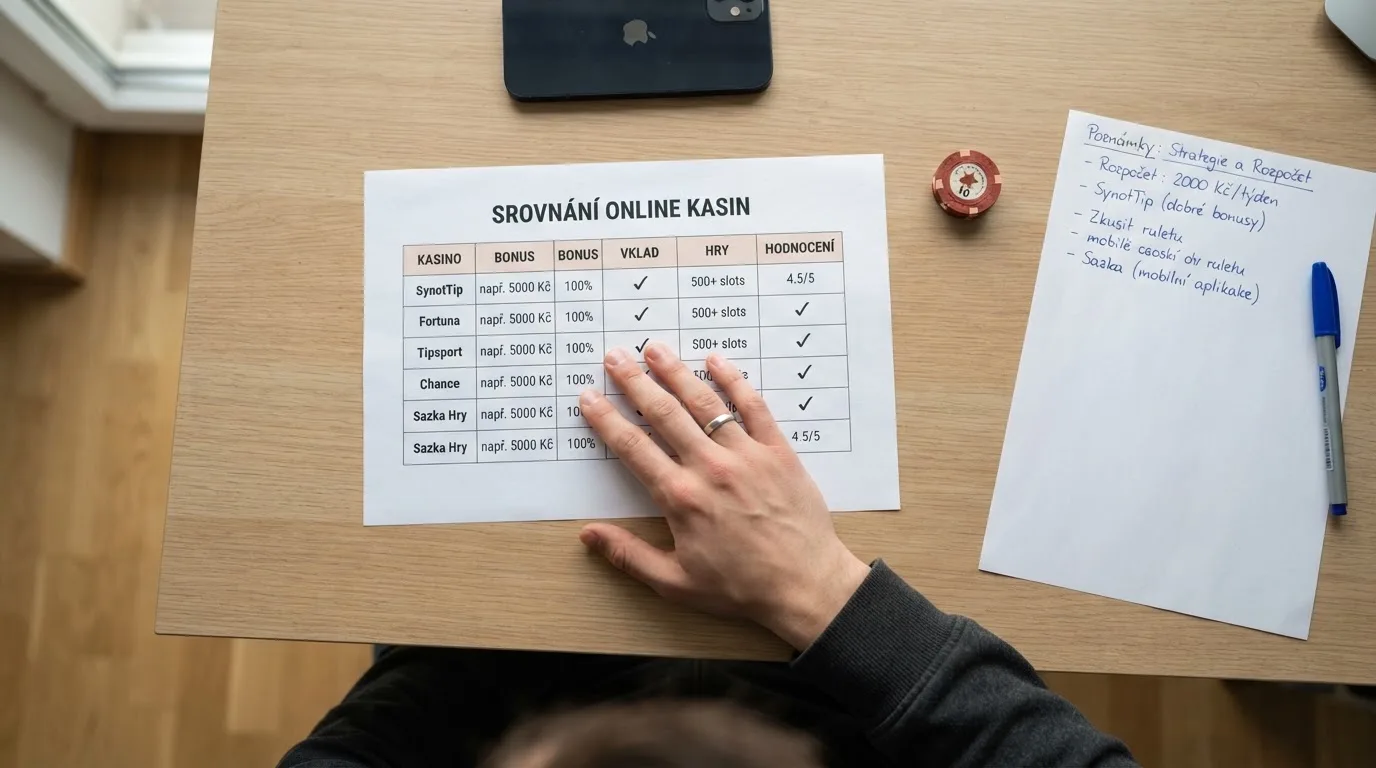 Přehledová tabulka s logy deseti českých licencovaných online casin a hlavními parametry jejich bonusů bez vkladu