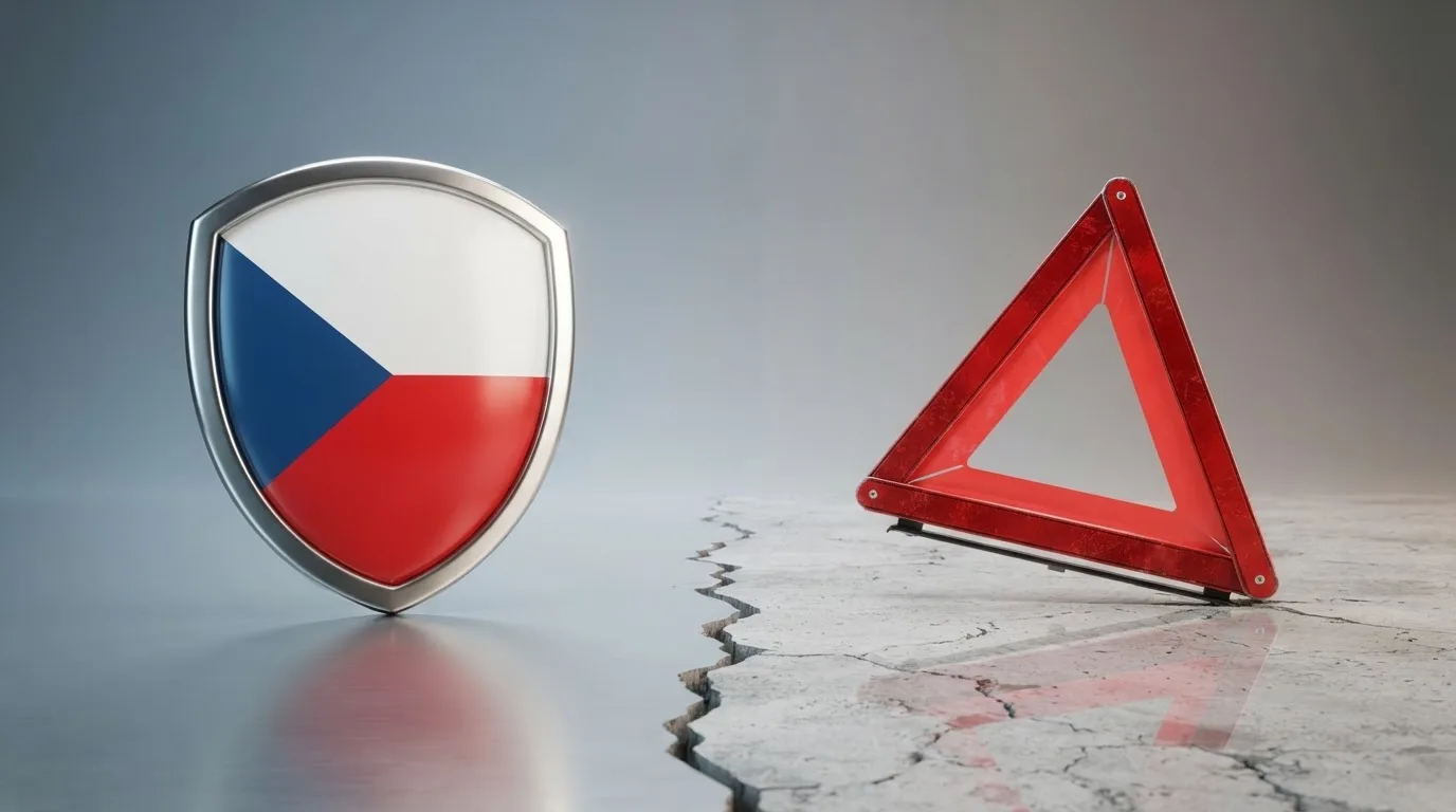 Rozdělený displej: vlevo logo MF ČR a česká vlajka se symbolem ochrany, vpravo výstražný trojúhelník u neznámé domény