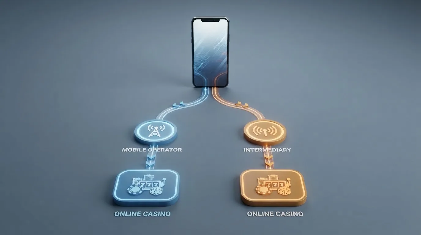 Schéma dvou cest vkladu mobilem — vlevo přímá SMS (telefon → operátor → casino), vpravo M-platba přes NeteraPay (telefon → NeteraPay účet → casino)