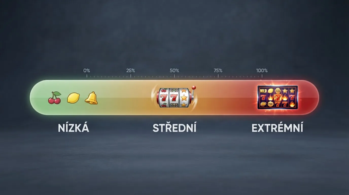 Barevná osa od zelené po červenou, na ní rozmístěná loga vývojářů podle volatility — Kajot a SYNOT vlevo, Pragmatic Play uprostřed, Nolimit City vpravo