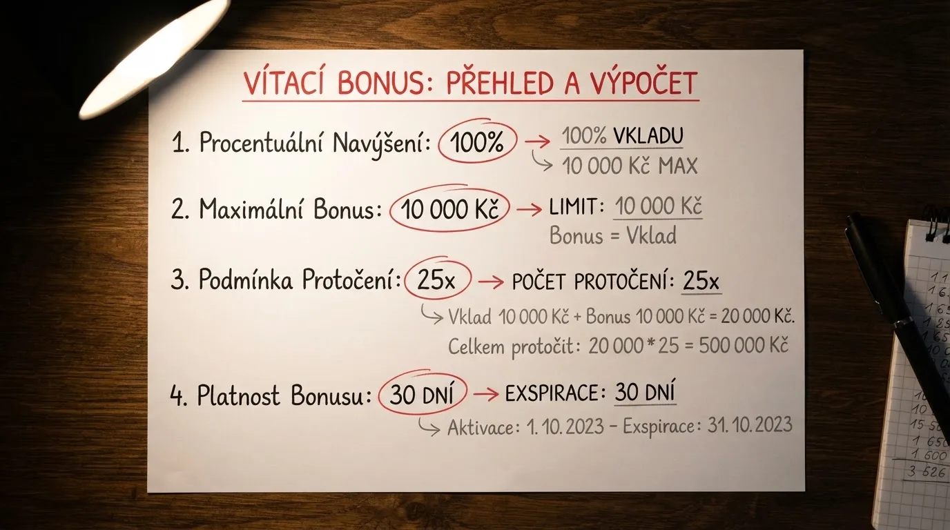 Detail uvítacího bonusu: procento navýšení, strop v korunách, násobek protočení a datum platnosti
